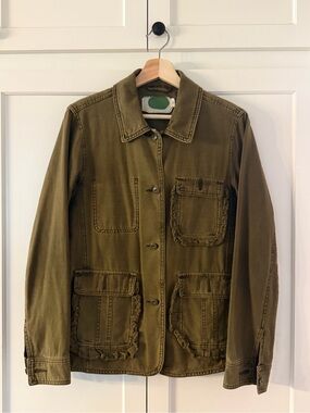 Anthropologie Olive Utility Jacket with Ruffle Patch Pockets